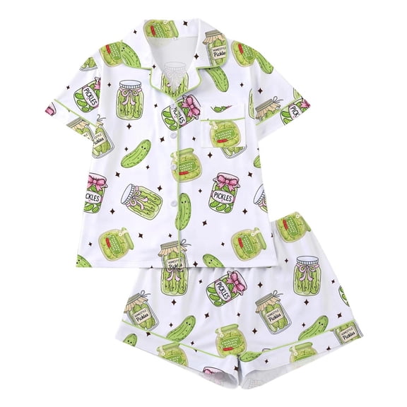 XIAOCHA Pickle Print Pajama Set For Female Wearers Collared Button Front Chest Pocket Loungewear Playful Cozy Evenings Sleepwear