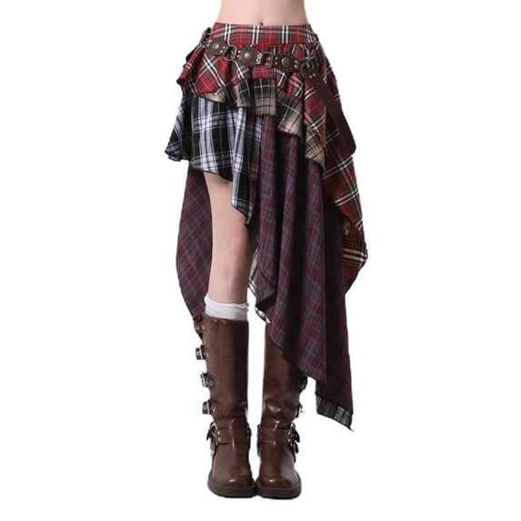 XIAOCHA Plaid Patchwork Asymmetric Skirt for women Punk Gothic Edgy Party High-Low Skirt