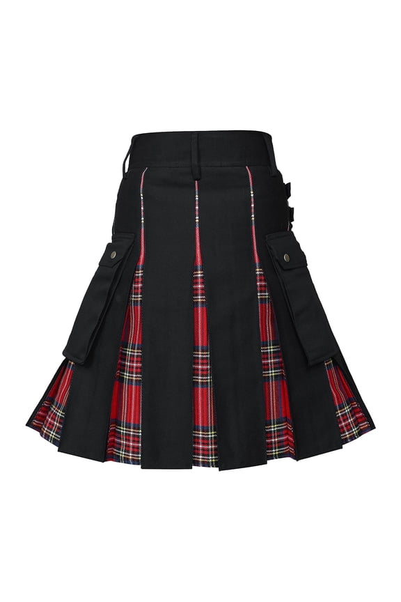 Plaid Patchwork Kilt Skirt for Men Pleated Pocketed Scottish Casual Utility Kilt