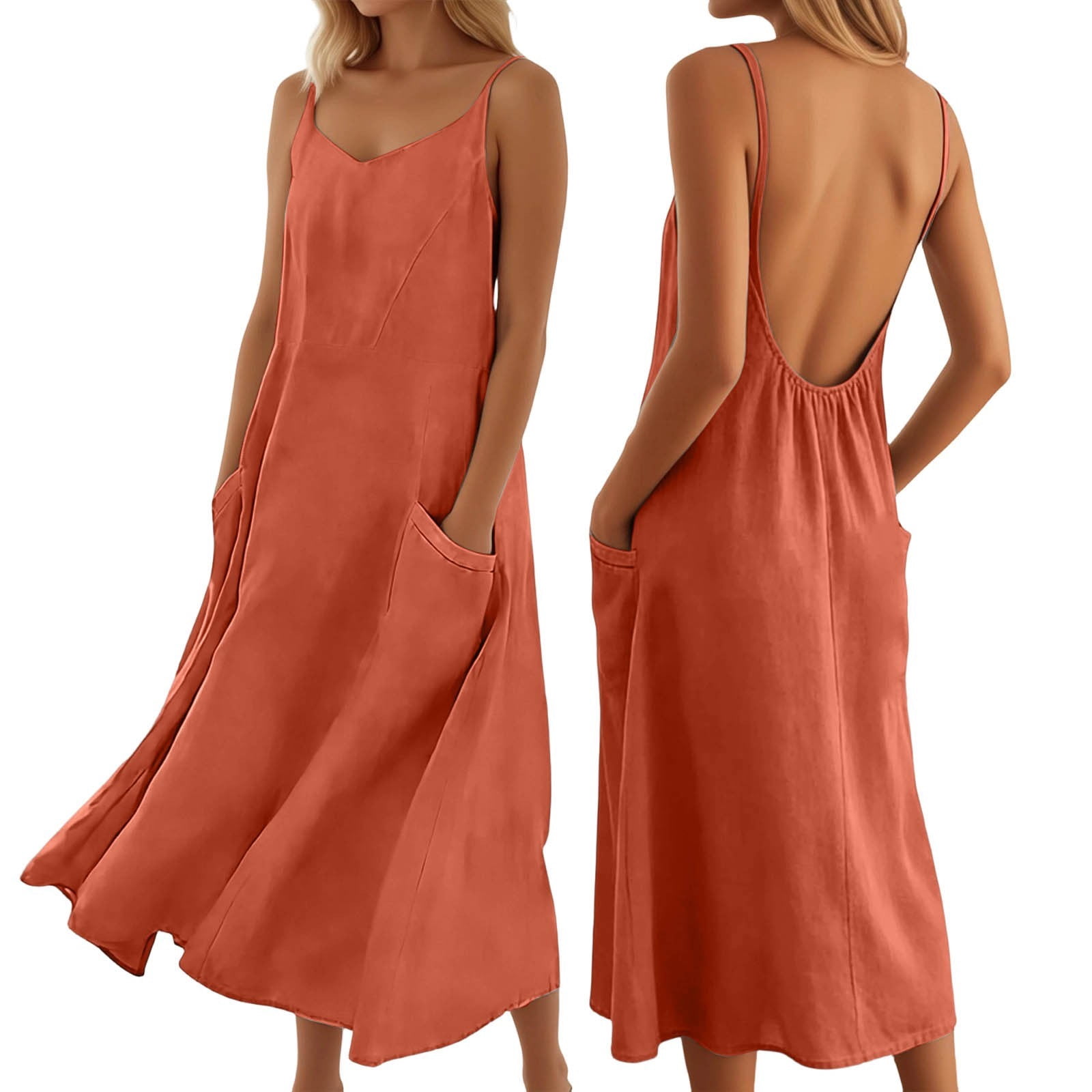 fitted midi slip dress XIAOCHA Pocket-Fitted Midi Dress for Women Low-Back Spaghetti-Strap Summer  Casual Slip Gown