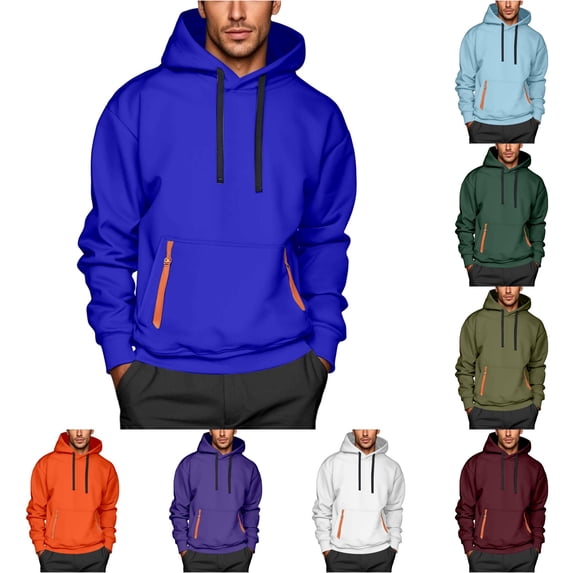 XIAOCHA Pocket Zipper Hoodie For Men Solid Long Sleeve Casual Hooded Sweatshirt, Blue, Sizes M