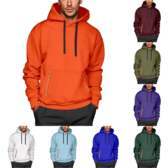 XIAOCHA Pocket Zipper Hoodie For Men Solid Long Sleeve Casual Hooded Sweatshirt, Orange, Sizes S