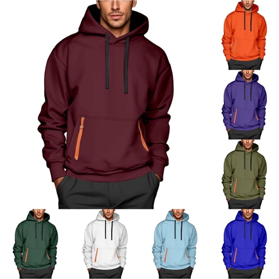 XIAOCHA Pocket Zipper Hoodie For Men Solid Long Sleeve Casual Hooded Sweatshirt, Wine, Sizes XXL