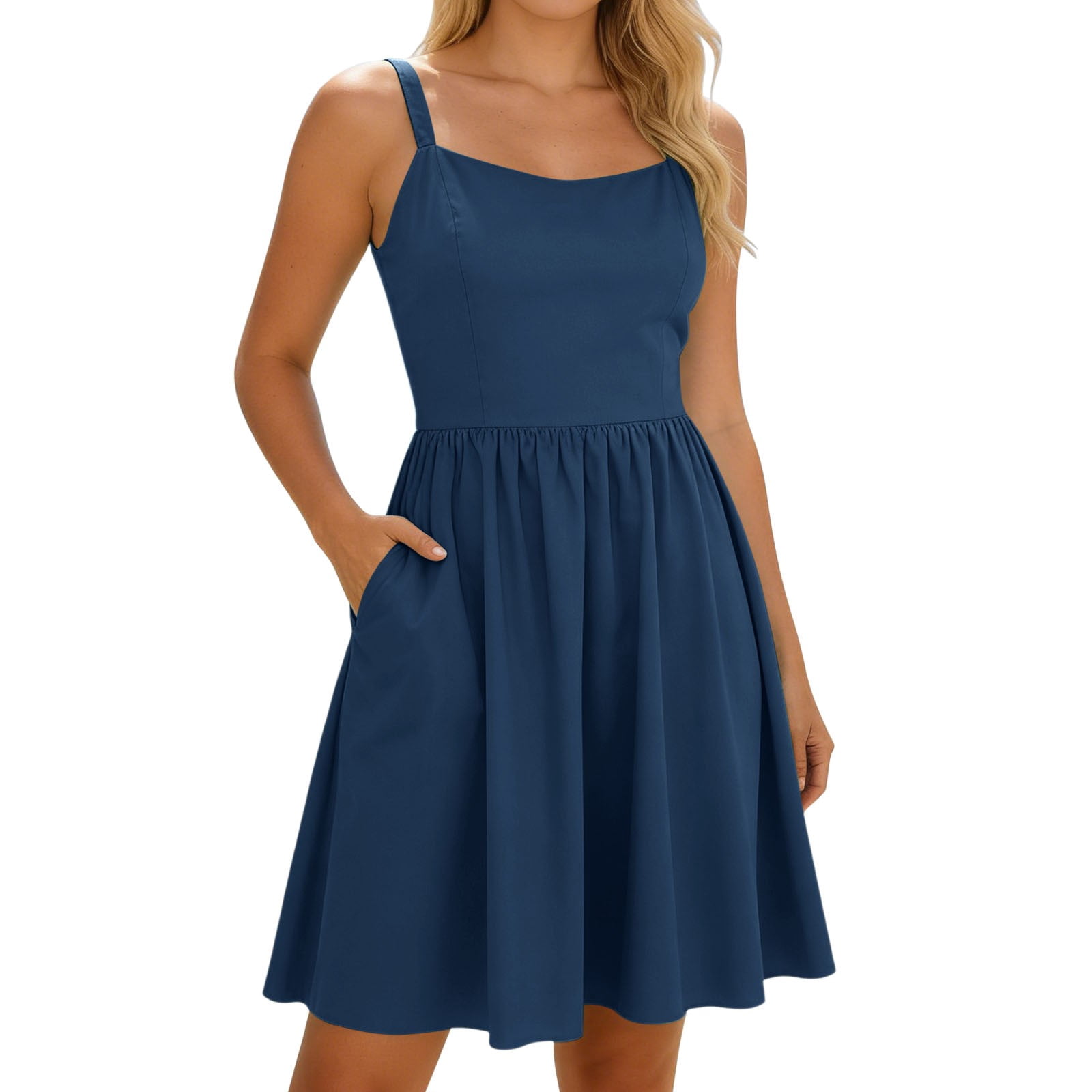 XIAOCHA Pocketed Skater Dress for Women Thick-Strap Square-Neck Summer Daily Mini Gown