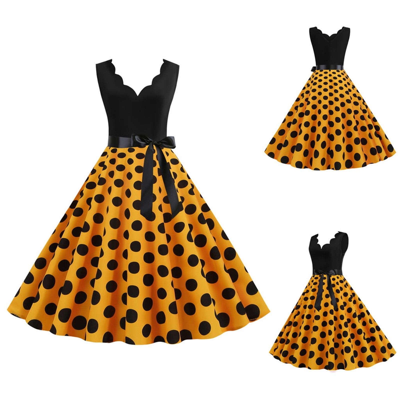 XIAOCHA Polka Dot Dress for Women A Line Belted Sleeveless Scalloped Neck Midi Dress Lightweight Vintage Party Dresses