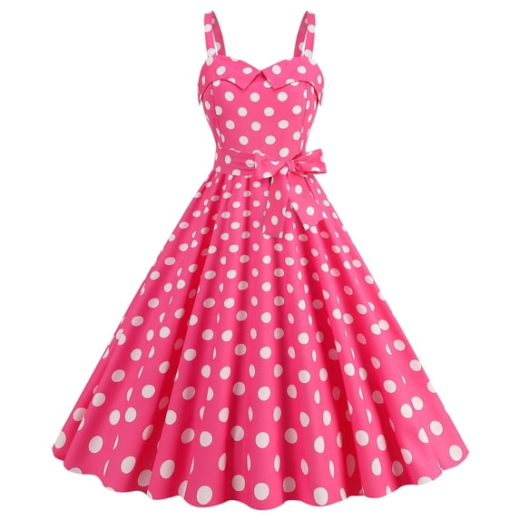 XIAOCHA Polka Dot Dress for Women A Line Belted Spaghetti Strap Retro Dress Soft Vintage Party Dresses