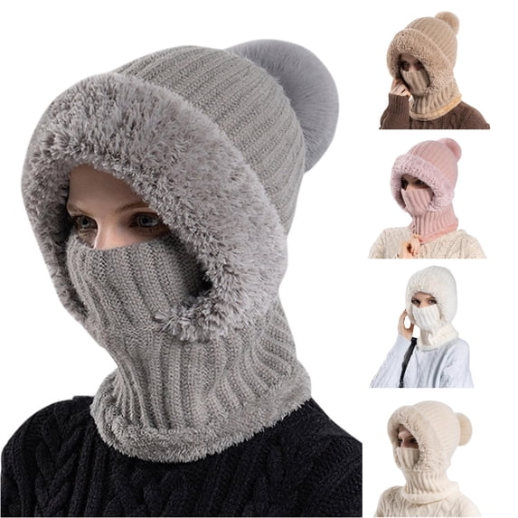 XIAOCHA Pom‑Pom Balaclava for Women Solid Outdoor Fall‑Winter Toque,Grey