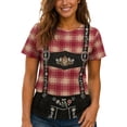 thumbnail image 1 of XIAOCHA Reddish Plaid Oktoberfest Suspender Graphic T Shirt For Women Crew Neck Short Sleeve Party Top, 1 of 7