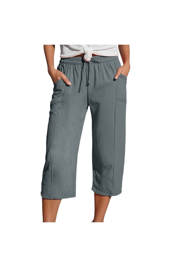 Relaxed Fit Capri Pants for Women Waffle Knit Pocket Bottoms Casual Everyday Trousers