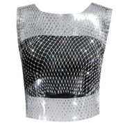 XIAOCHA Rhinestone Mesh Blouse for Women Sleeveless Crewneck Crop Top Sheer Glamorous Party Tops