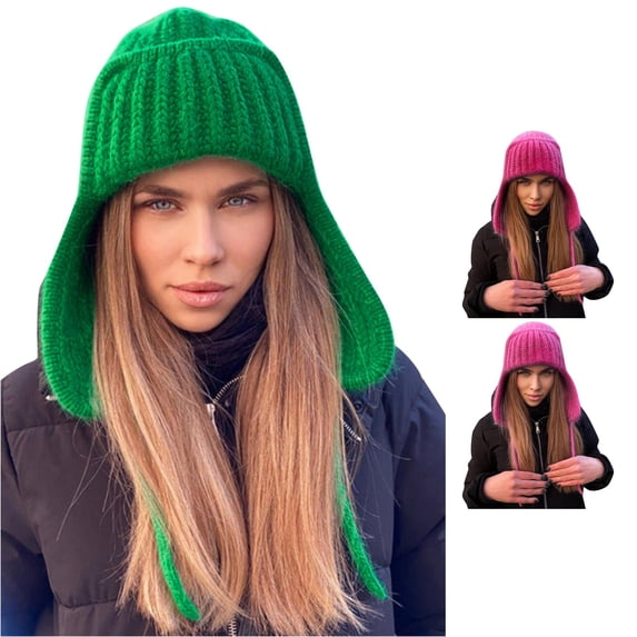 XIAOCHA Rib‑Knit Earflap Beanie for Women Solid Outdoor Fall‑Winter Headwrap,Green
