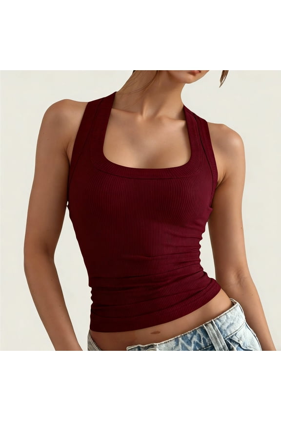 Ribbed Slim Fit Tank for Women Halter-Strap Daily Casual Square-Neck Camisole