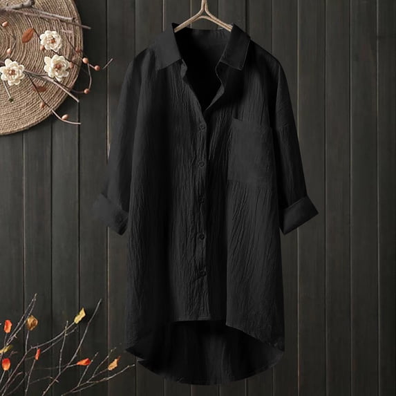 XIAOCHA Roomy Turn-Down-Collar Shirt for Women Three-Quarter Sleeve Urban Daily High-Low Hem Tunic Dress