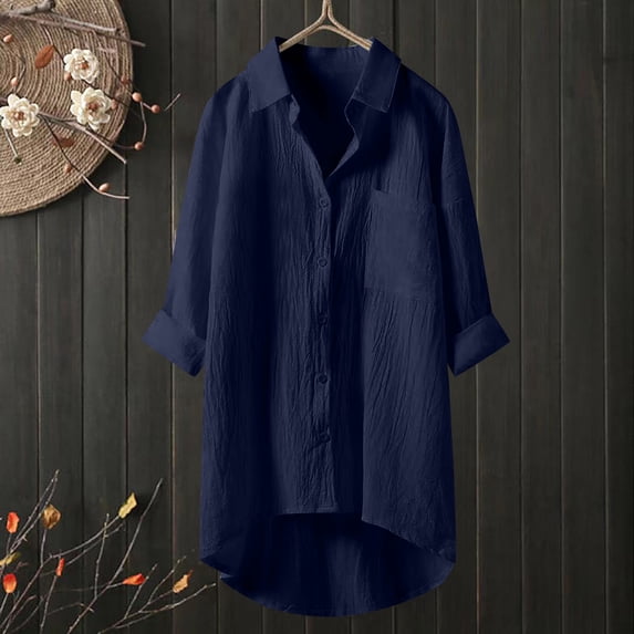 XIAOCHA Roomy Turn-Down-Collar Shirt for Women Three-Quarter Sleeve Urban Daily High-Low Hem Tunic Dress