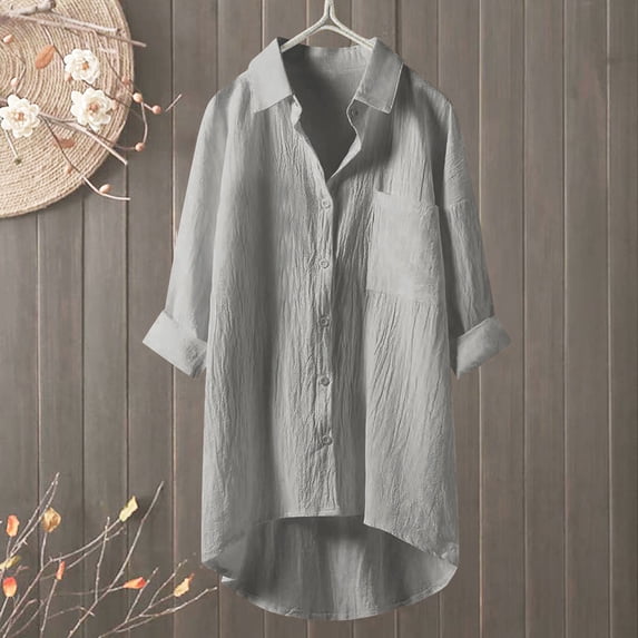 XIAOCHA Roomy Turn-Down-Collar Shirt for Women Three-Quarter Sleeve Urban Daily High-Low Hem Tunic Dress