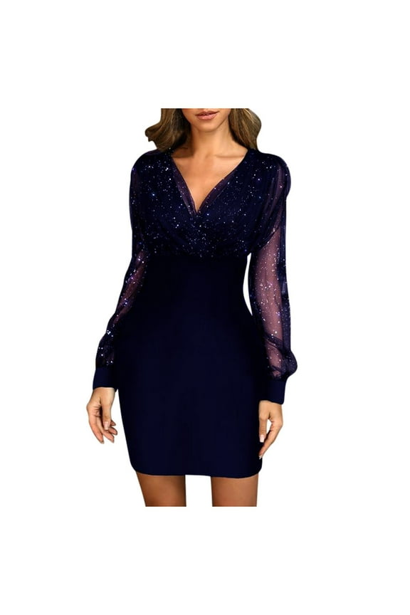 Ruched Bust Mini Dress For Women Long Sleeve V Neck Sparkle Mesh Sleeve Bodycon Dress Chic Night Out Dress