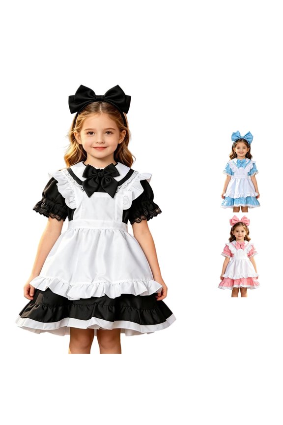 Ruffle Bow Maid Mini Gown For Women Short Sleeve Apron Attached Anime Cosplay Event Long Dress
