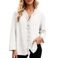 thumbnail image 1 of XIAOCHA Ruffle Trim Linen Tops For Women Three Quarter Sleeve V Neck Pullover Top Casual Weekend Blouses, 1 of 7