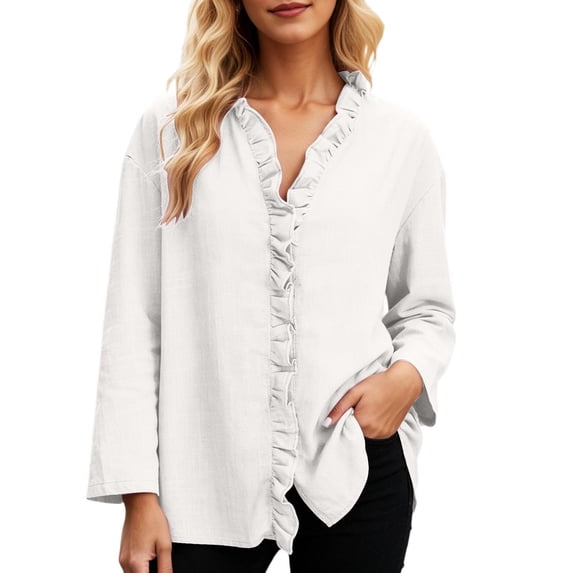 XIAOCHA Ruffle Trim Linen Tops For Women Three Quarter Sleeve V Neck Pullover Top Casual Weekend Blouses