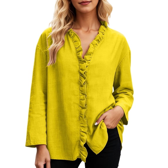 XIAOCHA Ruffle Trim Linen Tops For Women Three Quarter Sleeve V Neck Pullover Top Casual Weekend Blouses