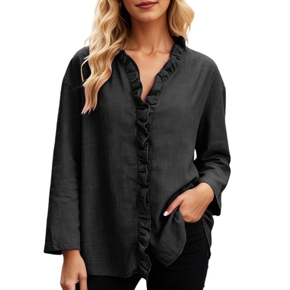 XIAOCHA Ruffle Trim Linen Tops For Women Three Quarter Sleeve V Neck Pullover Top Casual Weekend Blouses