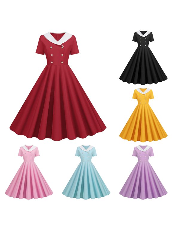 Sailor Collar Swing Midi Dress for Women Double Short Sleeve Vintage Retro Party Tea Dresses