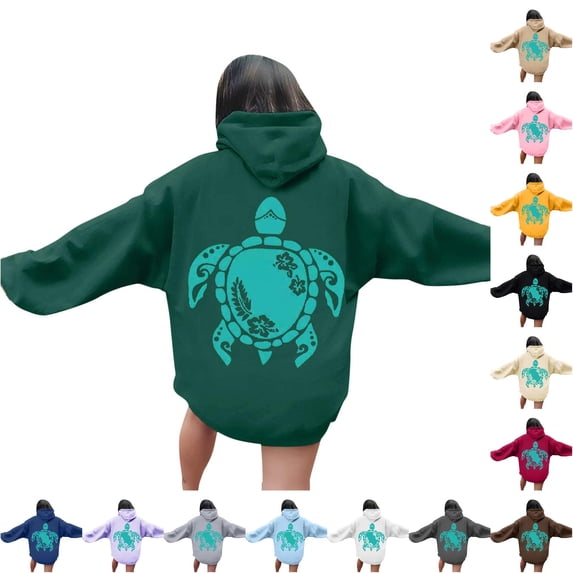 XIAOCHA Sea Turtle Floral Graphic Hooded Sweatshirt For Women Oversized Drop Shoulder Beach Long Sleeve Pullover Tops