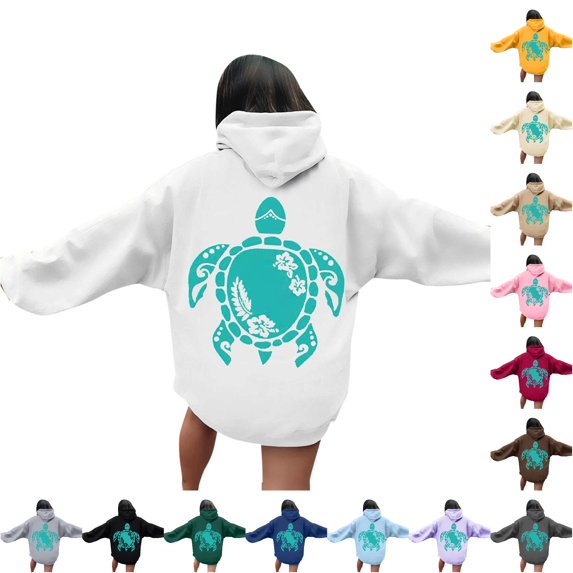 XIAOCHA Sea Turtle Floral Graphic Hooded Sweatshirt For Women Oversized Drop Shoulder Beach Long Sleeve Pullover Tops