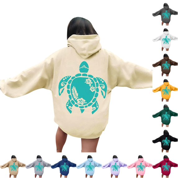 XIAOCHA Sea Turtle Floral Graphic Hooded Sweatshirt For Women Oversized Drop Shoulder Beach Long Sleeve Pullover Tops