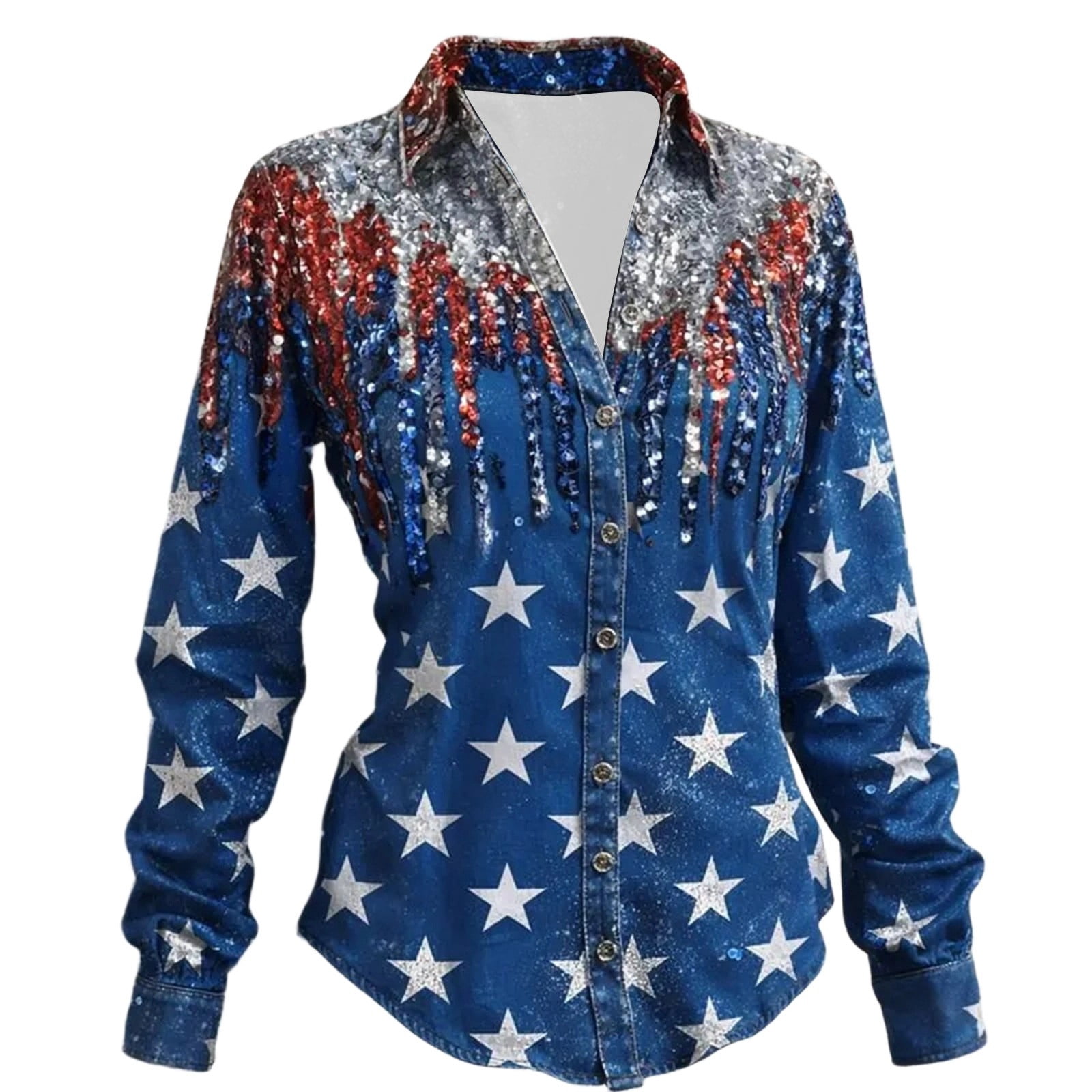 XIAOCHA Sequin Fringe Star Print Button Down Shirt for Women Long ...