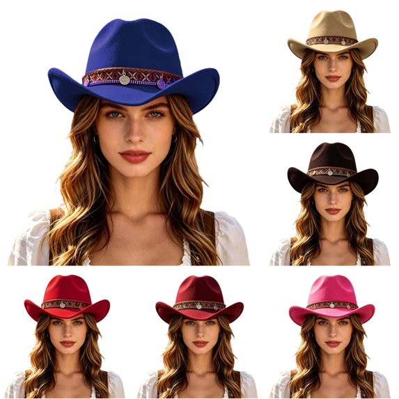 XIAOCHA Shapeable Brim Wool Cowboy Hat for Women Solid Wide Brim Western Hat Farm Party Western Cowboy Hat,Blue