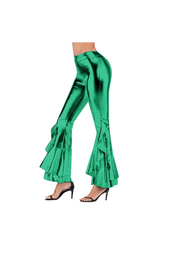 Shiny Flare Pants for Women Solid Ruffle Hem Pants Night Out Stretch Bell Bottom Trousers