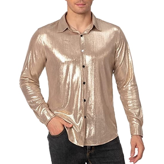 XIAOCHA Shiny Metallic Button Shirt for Men Glam Nightclub Party Event Long Sleeve Blouse