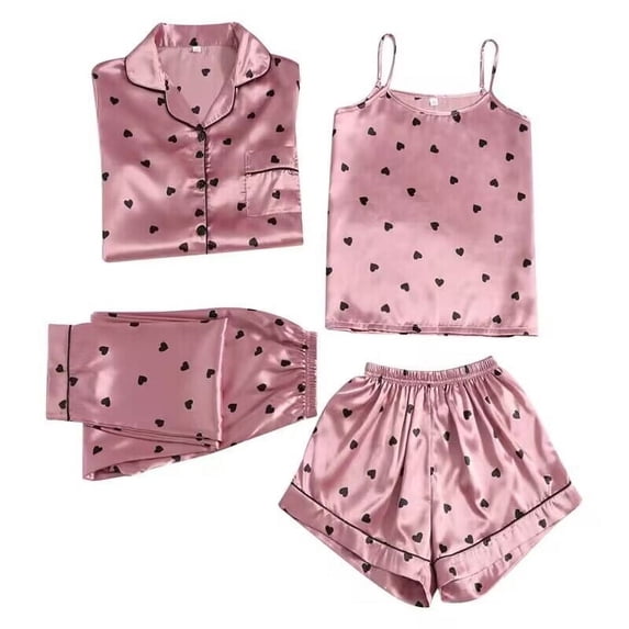 XIAOCHA Silky Four Piece Pajama Set for Women Lapel Button Up Top Cami Top Elastic Waist Shorts Pants Refreshing Sleepwear Loungewear Sets
