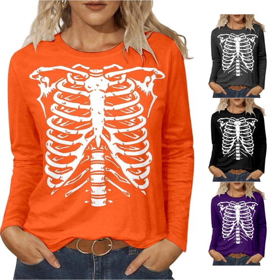 XIAOCHA Skeleton Ribcage Print T Shirt For Women Long Sleeve Round Neck Halloween Tee