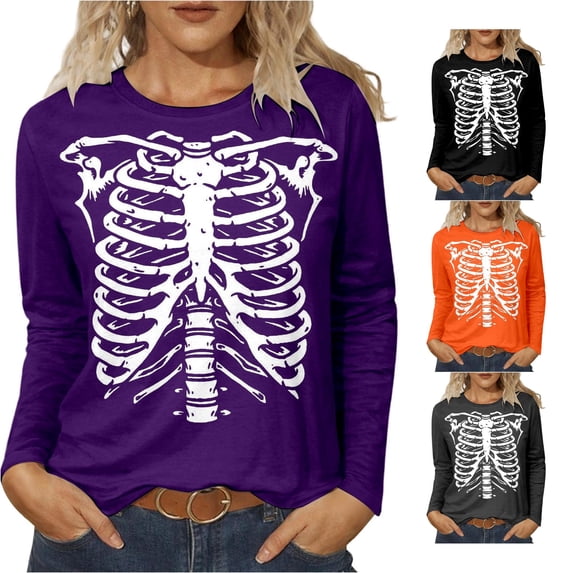 XIAOCHA Skeleton Ribcage Print T Shirt For Women Long Sleeve Round Neck Halloween Tee