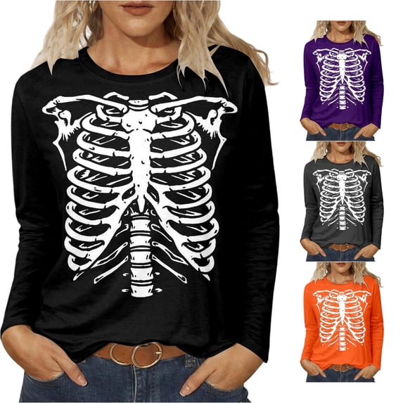 XIAOCHA Skeleton Ribcage Print T Shirt For Women Long Sleeve Round Neck Halloween Tee