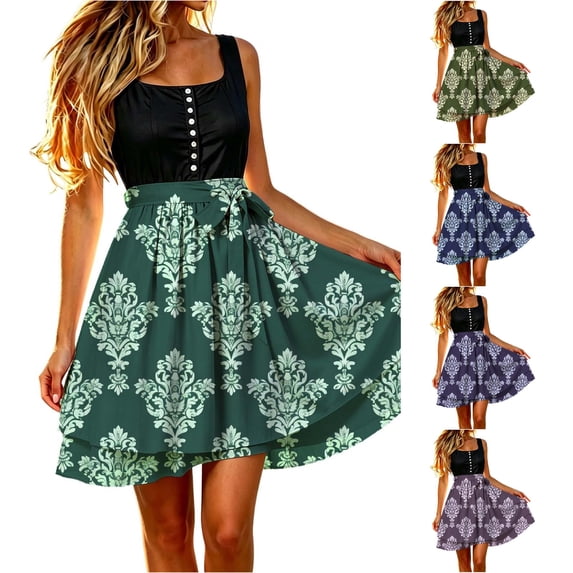 XIAOCHA Sleeveless Flared Dresses for Women Damask Floral Print Oktoberfest Mini Party Skirts,Green,Sizes M