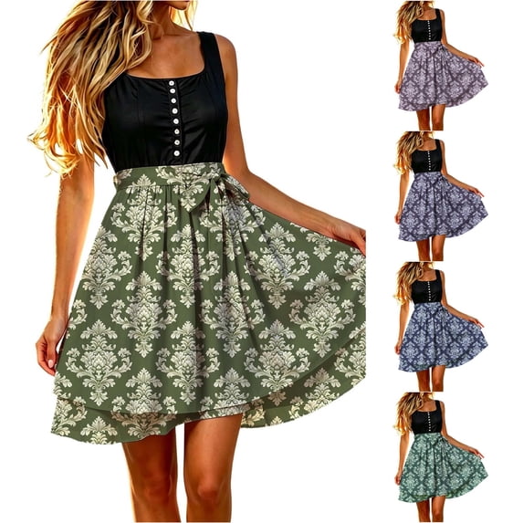 XIAOCHA Sleeveless Flared Skirts for Women Large Damask Motif Oktoberfest Mini Party Skirts Bottoms,Army Green,Sizes S