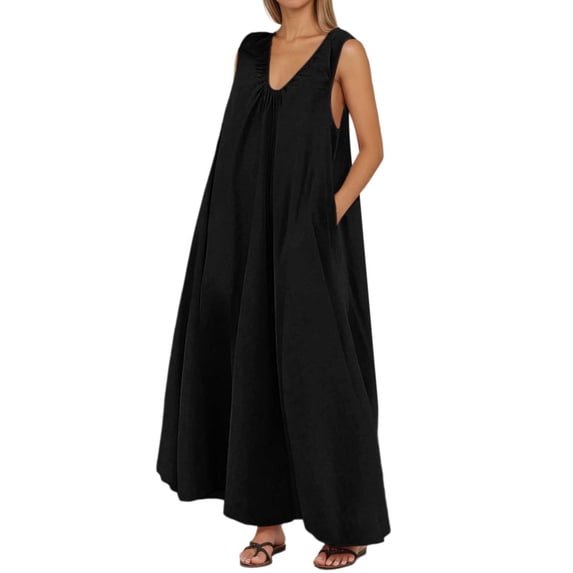 XIAOCHA Sleeveless Ruched Dress for Women Oversized Pocketed V Neck Maxi Dress Breathable Casual Vacation Dresses