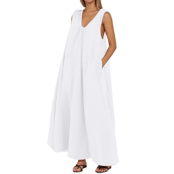 XIAOCHA Sleeveless Ruched Dress for Women Oversized Pocketed V Neck Maxi Dress Breathable Casual Vacation Dresses