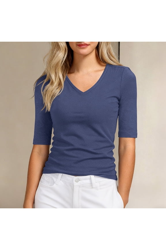Slim-Fit T-Shirt for Women V-Neck Elbow-Sleeve Everyday Casual Fitted Tee