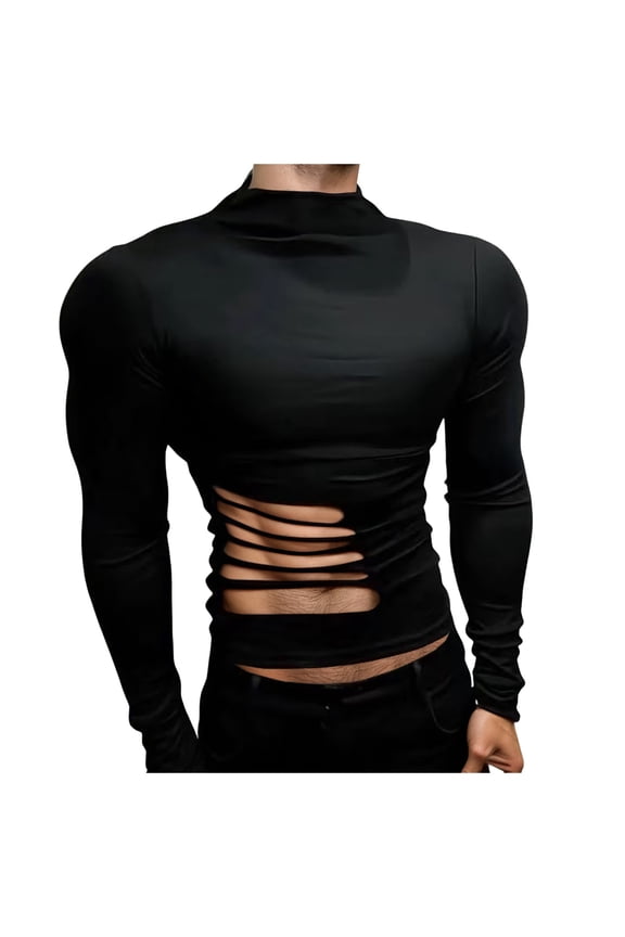 Slit Detail Turtleneck Tees For Men Long Sleeve Fitted Cutout Pullover Top Edgy Streetwear Party Tops
