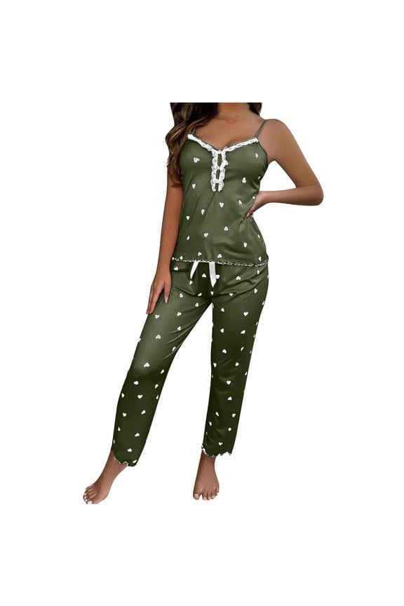 Smooth Pajama Set for Women Spaghetti Strap Lace Trim Top Drawstring Waist Pants Romantic Sleepwear Loungewear Sets