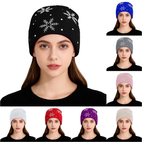 XIAOCHA Snowflake‑Rhinestone Beanie for Women,Gem‑Trim Fall‑Winter Outdoor Toque,Black