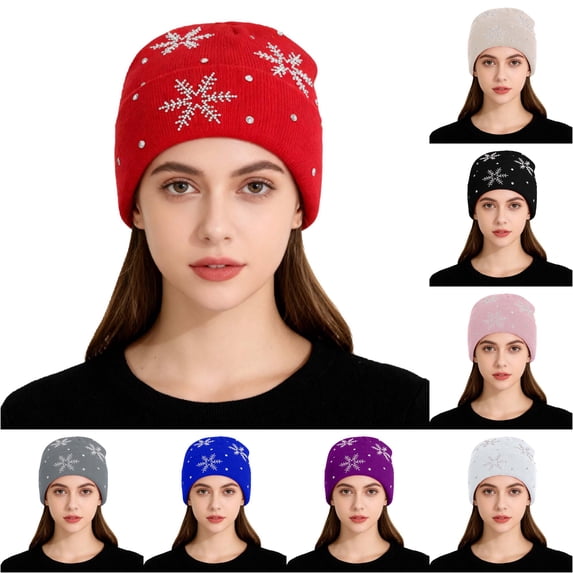 XIAOCHA Snowflake‑Rhinestone Beanie for Women,Gem‑Trim Fall‑Winter Outdoor Toque,Red