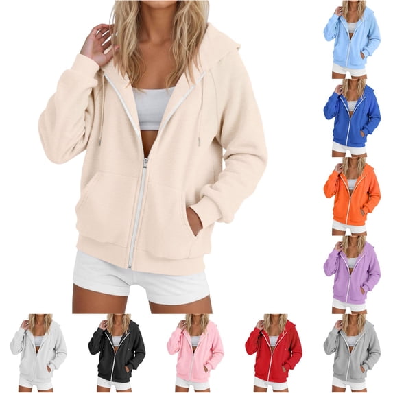 XIAOCHA Solid Cream Zip Up Hoodie For Women Raglan Sleeve Front Pocket Casual Everyday Sweatshirt