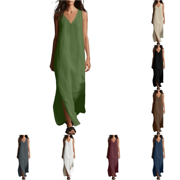 XIAOCHA Solid Maxi Dress For Women Sleeveless V Neck Split Summer Beach Cover Up