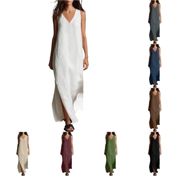 XIAOCHA Solid Maxi Dress For Women Sleeveless V Neck Split Summer Beach Cover Up