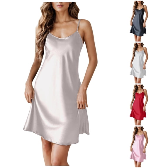 XIAOCHA Solid Satin Nightgown for Women Spaghetti Strap Swing Sleep Dress